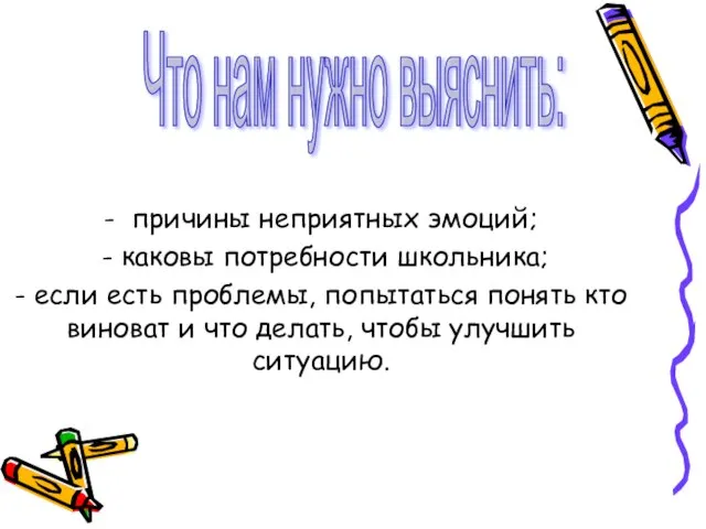 - причины неприятных эмоций; - каковы потребности школьника; - если есть проблемы,