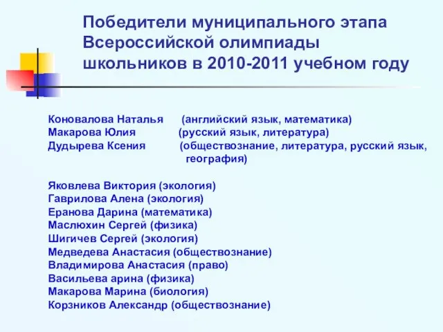 Победители муниципального этапа Всероссийской олимпиады школьников в 2010-2011 учебном году Коновалова Наталья