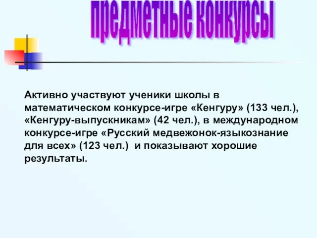 Активно участвуют ученики школы в математическом конкурсе-игре «Кенгуру» (133 чел.), «Кенгуру-выпускникам» (42