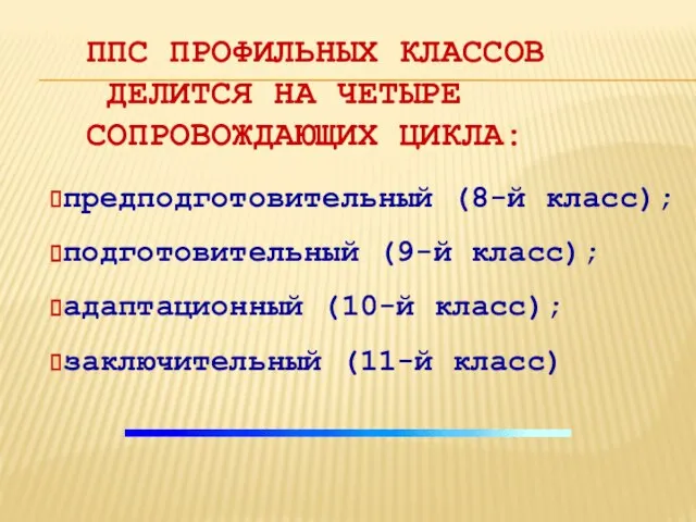 ППС ПРОФИЛЬНЫХ КЛАССОВ ДЕЛИТСЯ НА ЧЕТЫРЕ СОПРОВОЖДАЮЩИХ ЦИКЛА: предподготовительный (8-й класс); подготовительный