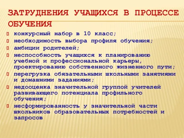 ЗАТРУДНЕНИЯ УЧАЩИХСЯ В ПРОЦЕССЕ ОБУЧЕНИЯ конкурсный набор в 10 класс; необходимость выбора