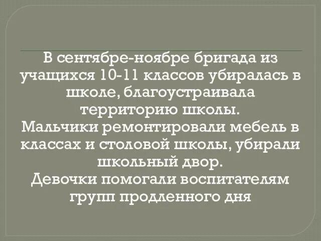 В сентябре-ноябре бригада из учащихся 10-11 классов убиралась в школе, благоустраивала территорию