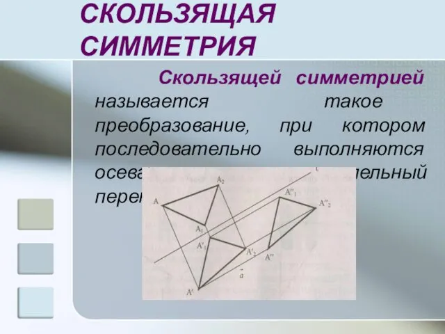 СКОЛЬЗЯЩАЯ СИММЕТРИЯ Скользящей симметрией называется такое преобразование, при котором последовательно выполняются осевая симметрия и параллельный перенос.