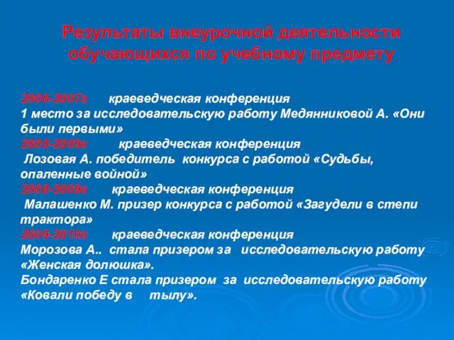 Результаты внеурочной деятельности обучающихся по учебному предмету 2006-2007г краеведческая конференция 1 место