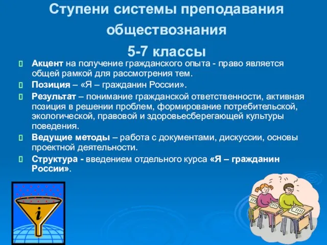 Ступени системы преподавания обществознания 5-7 классы Акцент на получение гражданского опыта -