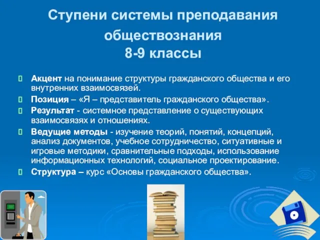 Ступени системы преподавания обществознания 8-9 классы Акцент на понимание структуры гражданского общества