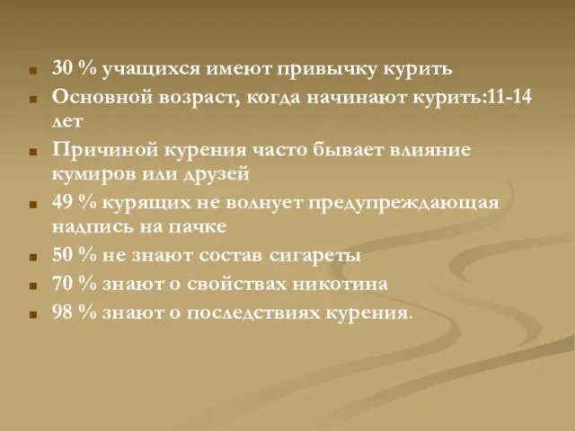 30 % учащихся имеют привычку курить Основной возраст, когда начинают курить:11-14 лет