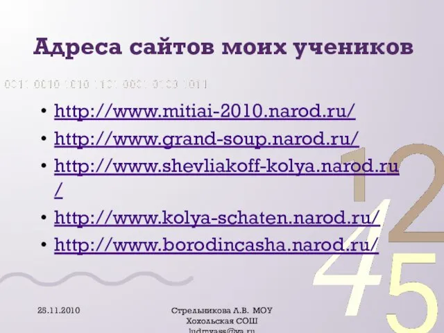 Адреса сайтов моих учеников http://www.mitiai-2010.narod.ru/ http://www.grand-soup.narod.ru/ http://www.shevliakoff-kolya.narod.ru/ http://www.kolya-schaten.narod.ru/ http://www.borodincasha.narod.ru/ 25.11.2010 Стрельникова Л.В. МОУ Хохольская СОШ ludmvass@ya.ru