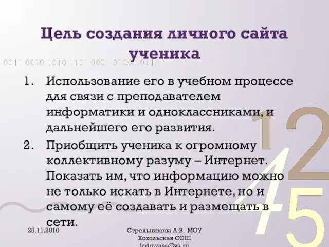 Цель создания личного сайта ученика Использование его в учебном процессе для связи