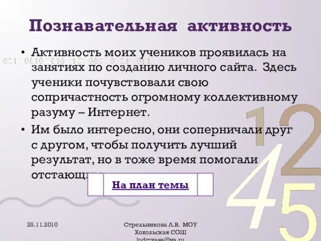 Познавательная активность Активность моих учеников проявилась на занятиях по созданию личного сайта.