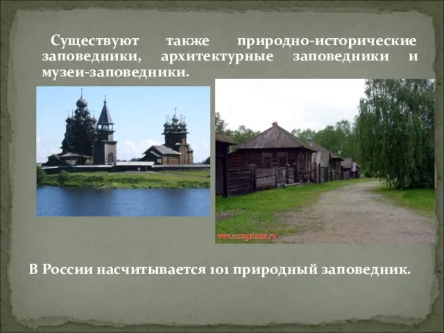 Существуют также природно-исторические заповедники, архитектурные заповедники и музеи-заповедники. В России насчитывается 101 природный заповедник.