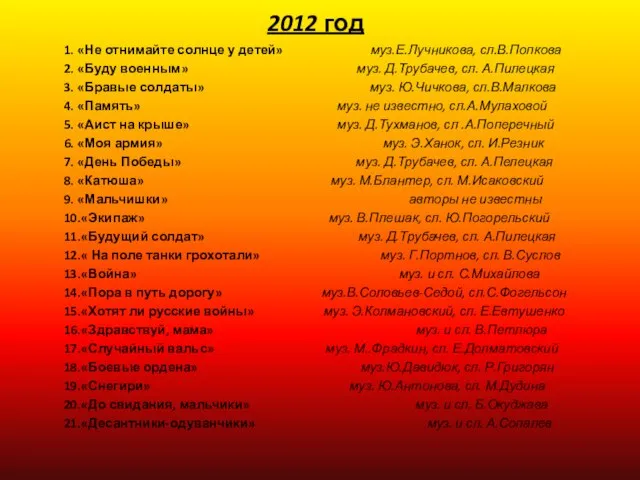 2012 год 1. «Не отнимайте солнце у детей» муз.Е.Лучникова, сл.В.Попкова 2. «Буду