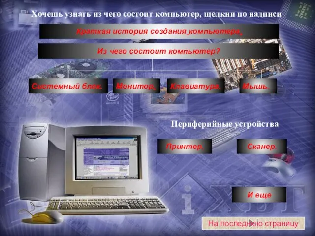 Краткая история создания компьютера. Монитор. Клавиатура. Мышь. Принтер. Сканер. И еще Из