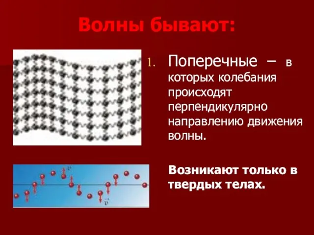 Волны бывают: Поперечные – в которых колебания происходят перпендикулярно направлению движения волны.