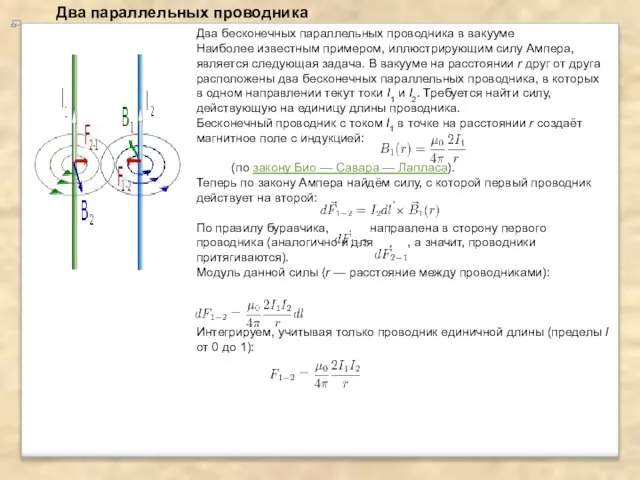 Два бесконечных параллельных проводника в вакууме Наиболее известным примером, иллюстрирующим силу Ампера,