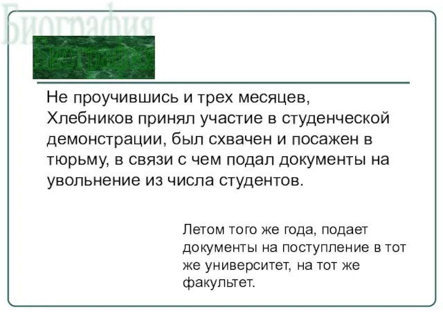 Не проучившись и трех месяцев, Хлебников принял участие в студенческой демонстрации, был