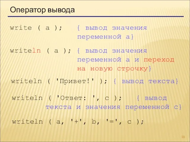 Оператор вывода write ( a ); { вывод значения переменной a} writeln