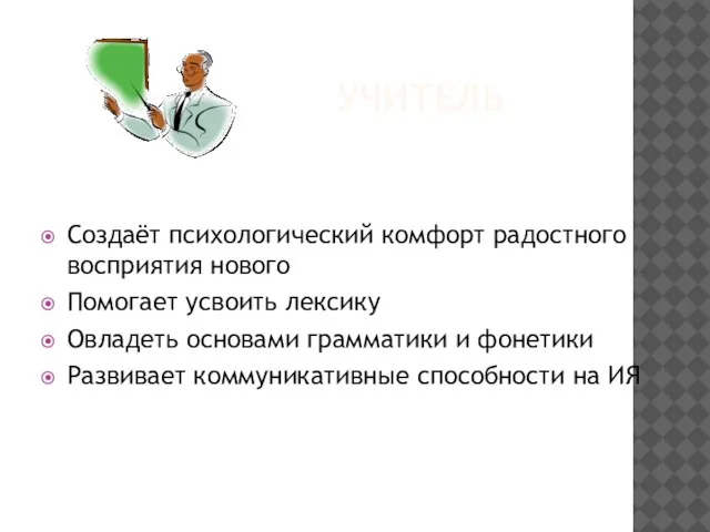 УЧИТЕЛЬ Создаёт психологический комфорт радостного восприятия нового Помогает усвоить лексику Овладеть основами