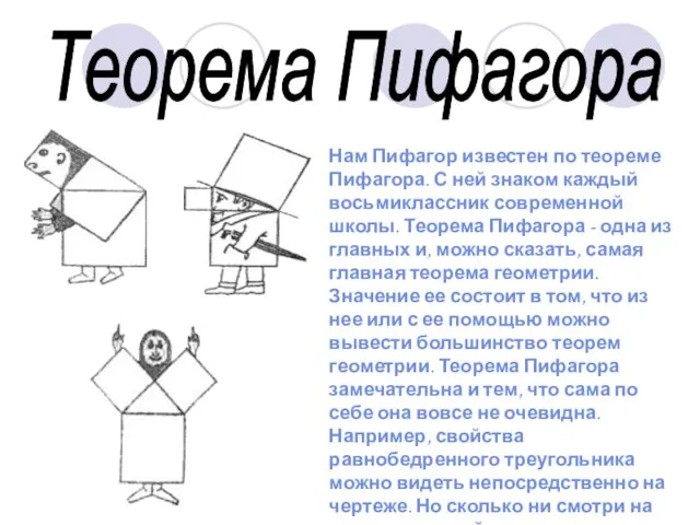 Теорема Пифагора Нам Пифагор известен по теореме Пифагора. С ней знаком каждый