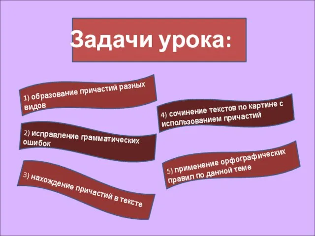 Задачи урока: 3) нахождение причастий в тексте 2) исправление грамматических ошибок 1)