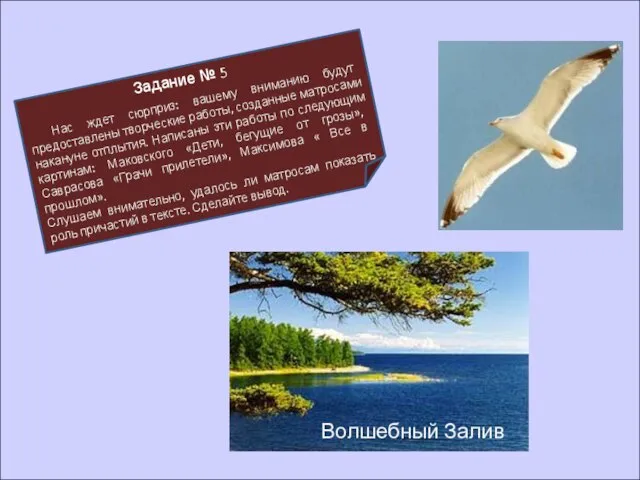 Волшебный Залив Задание № 5 Нас ждет сюрприз: вашему вниманию будут предоставлены