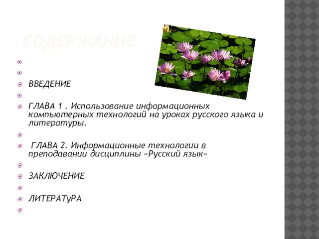 СОДЕРЖАНИЕ ВВЕДЕНИЕ ГЛАВА 1 . Использование информационных компьютерных технологий на уроках русского