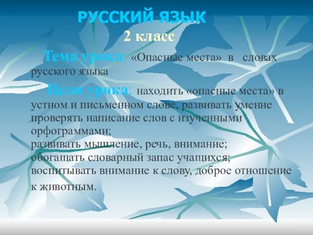 2 класс Тема урока: «Опасные места» в словах русского языка Цели урока: