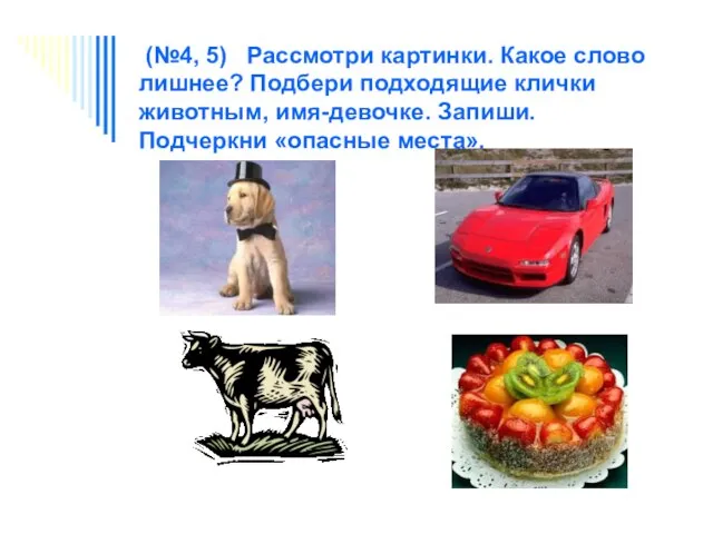 (№4, 5) Рассмотри картинки. Какое слово лишнее? Подбери подходящие клички животным, имя-девочке. Запиши. Подчеркни «опасные места».