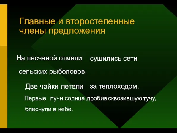 Главные и второстепенные члены предложения сельских рыболовов. сушились сети Две чайки летели