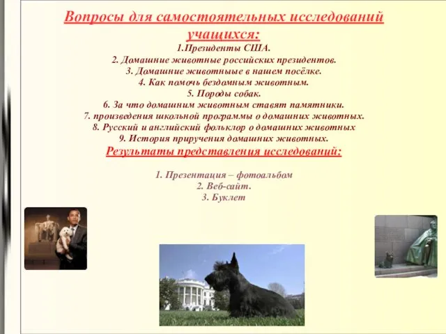 Вопросы для самостоятельных исследований учащихся: 1.Президенты США. 2. Домашние животные российских президентов.
