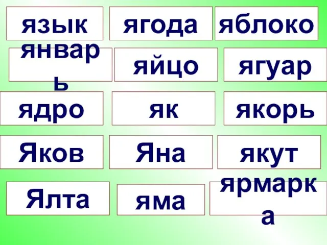 язык ягода яблоко январь яйцо ягуар ядро як якорь Яков Яна якут Ялта яма ярмарка