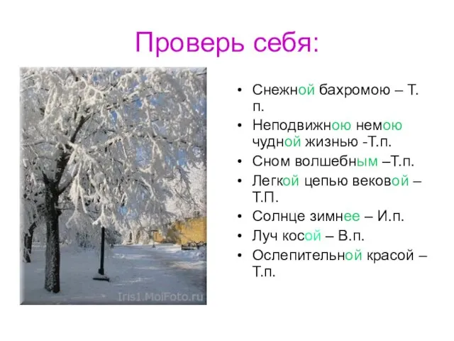 Проверь себя: Снежной бахромою – Т.п. Неподвижною немою чудной жизнью -Т.п. Сном