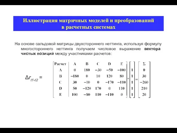 Иллюстрация матричных моделей и преобразований в расчетных системах На основе сальдовой матрицы