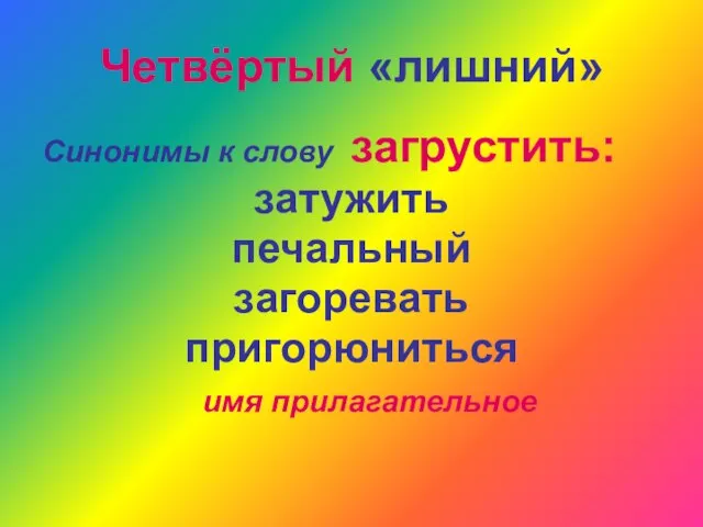 Четвёртый «лишний» Синонимы к слову загрустить: затужить печальный загоревать пригорюниться имя прилагательное