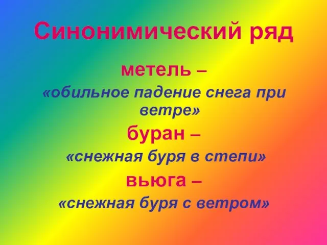 Синонимический ряд метель – «обильное падение снега при ветре» буран – «снежная