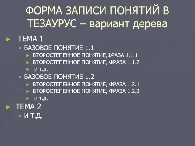 ФОРМА ЗАПИСИ ПОНЯТИЙ В ТЕЗАУРУС – вариант дерева ТЕМА 1 БАЗОВОЕ ПОНЯТИЕ