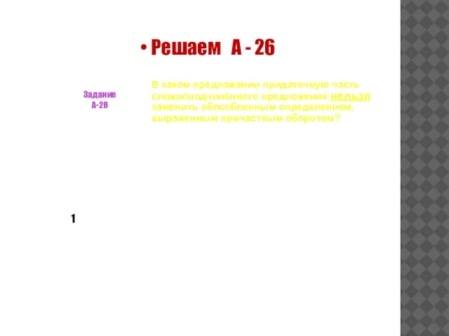 Решаем А - 26 Задание А-26 В каком предложении придаточную часть сложноподчинённого