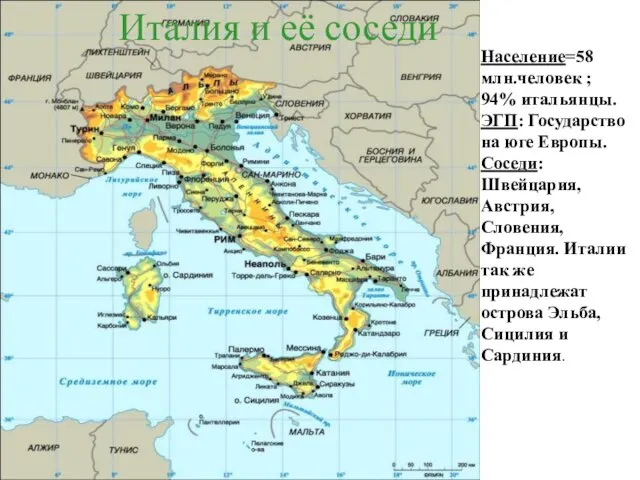 Италия и её соседи Население=58 млн.человек ; 94% итальянцы. ЭГП: Государство на