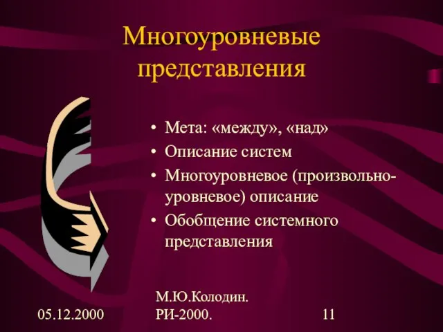 05.12.2000 М.Ю.Колодин. РИ-2000. Многоуровневые представления Мета: «между», «над» Описание систем Многоуровневое (произвольно-