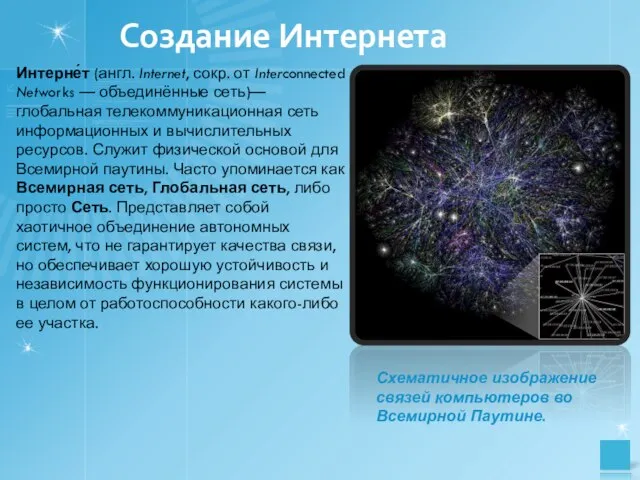 Создание Интернета Интерне́т (англ. Internet, сокр. от Interconnected Networks — объединённые сеть)—