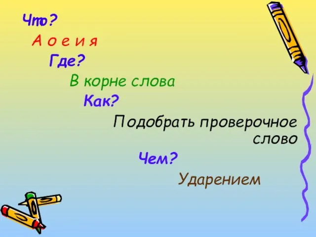 Что? А о е и я Где? В корне слова Как? Подобрать проверочное слово Чем? Ударением