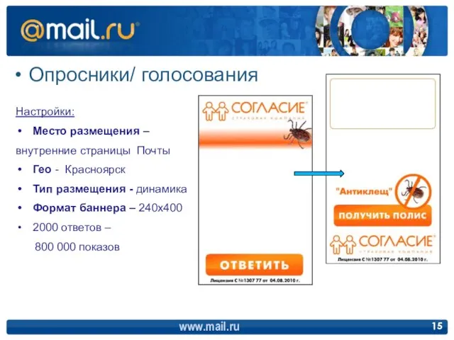 Опросники/ голосования www.mail.ru Настройки: Место размещения – внутренние страницы Почты Гео -