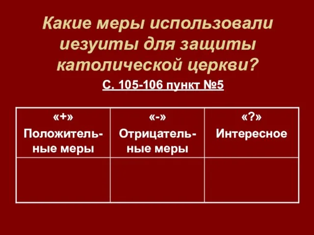 Какие меры использовали иезуиты для защиты католической церкви? С. 105-106 пункт №5