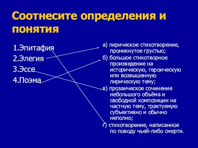 Соотнесите определения и понятия 1.Эпитафия 2.Элегия 3.Эссе 4.Поэма а) лирическое стихотворение, проникнутое