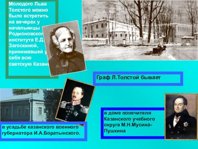 Молодого Льва Толстого можно было встретить на вечерах у начальницы Родионовского института