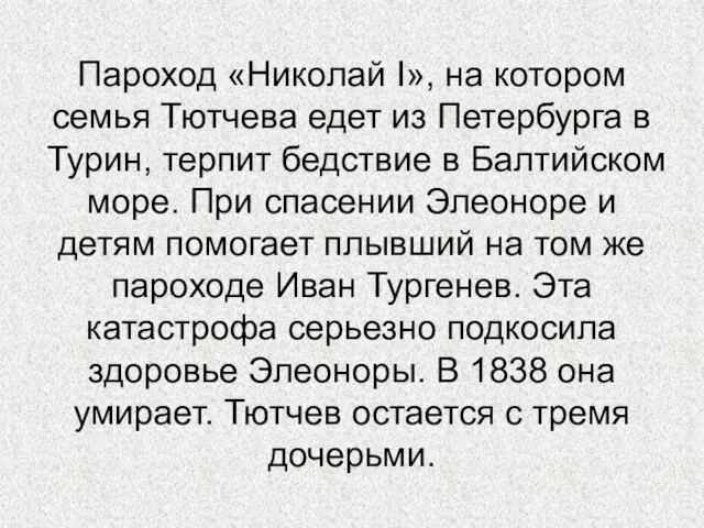 Пароход «Николай I», на котором семья Тютчева едет из Петербурга в Турин,