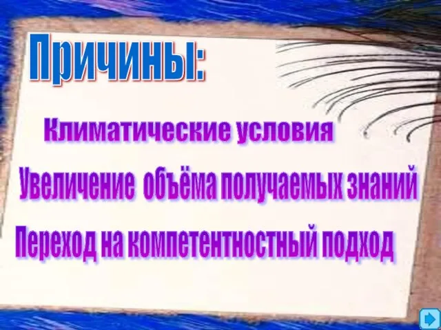 Причины: Климатические условия Увеличение объёма получаемых знаний Переход на компетентностный подход