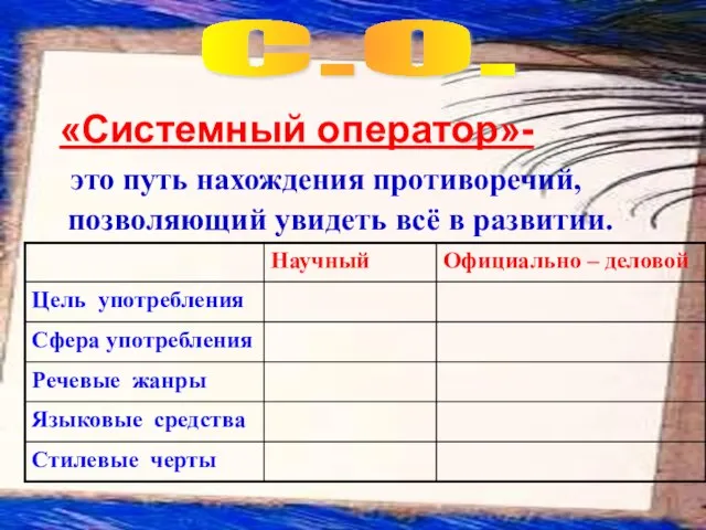 С.О. «Системный оператор»- это путь нахождения противоречий, позволяющий увидеть всё в развитии.