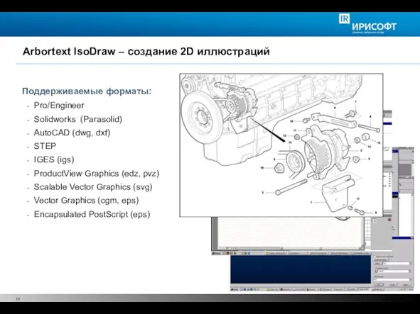 Arbortext IsoDraw – создание 2D иллюстраций Поддерживаемые форматы: Pro/Engineer Solidworks (Parasolid) AutoCAD