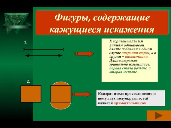 Фигуры, содержащие кажущиеся искажения К горизонтальным линиям одинаковой длины добавили в одном